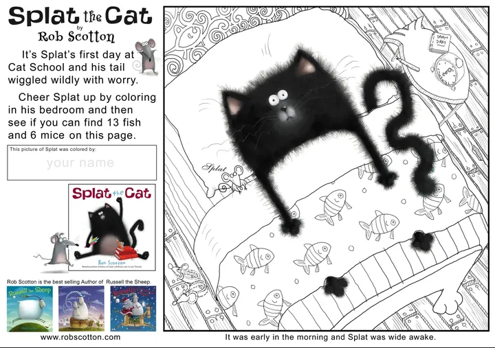 Colouring page: Splat wide awake in bed on his first day at Cat School, with fish and mice hidden around his bedroom