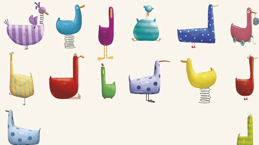 A line-up of Rob’s toy ducks in every colour, shape and size – one of them hides Seymour