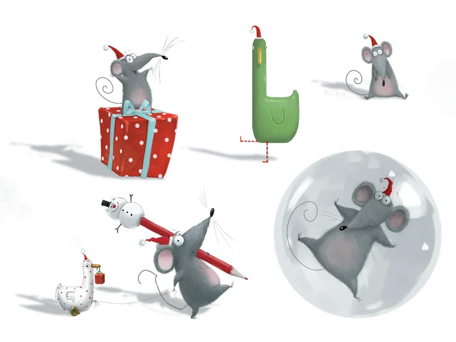 Rob’s little vignettes of mice in Santa hats, on a present, with a pencil and a bubble, plus a snowman and a duck