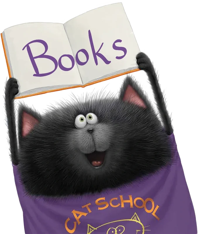 Splat the Cat holding up an open book that says Books