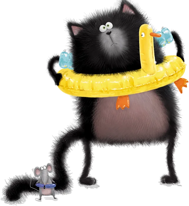 Splat wearing a rubber duck swim ring