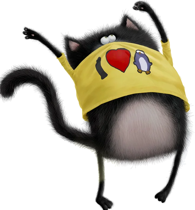 Splat in an I-love-penguins T-shirt