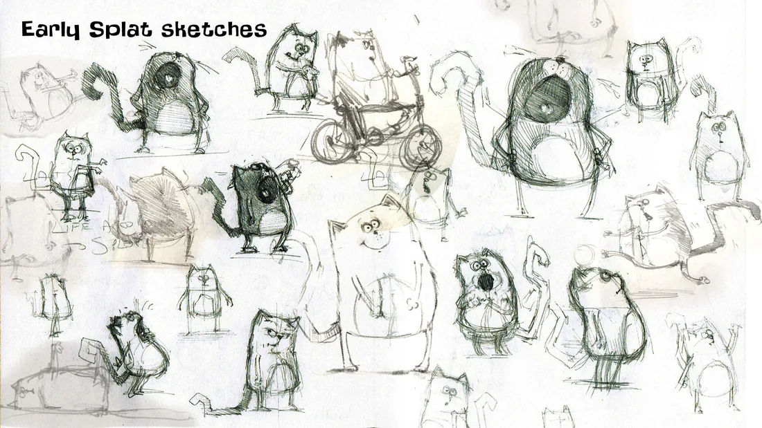 Pages of Rob’s early pencil sketches of Splat