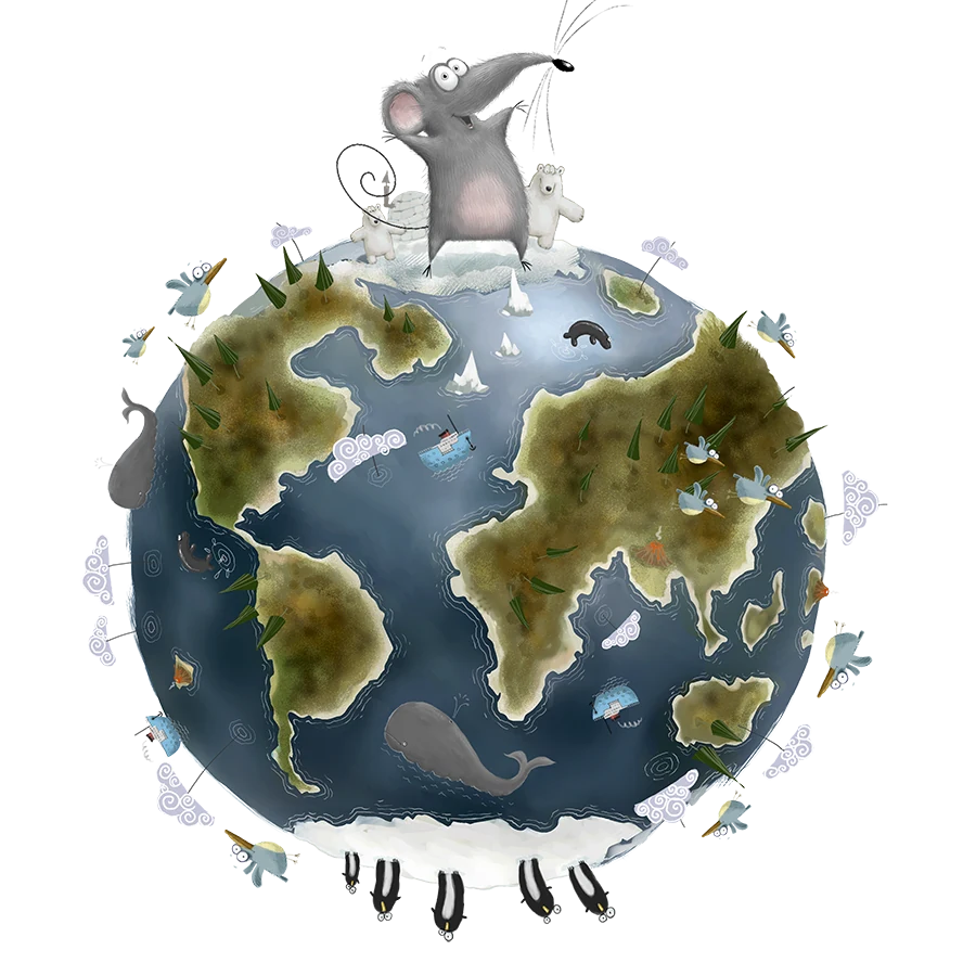 Seymour the mouse waving from the top of a hand-painted globe