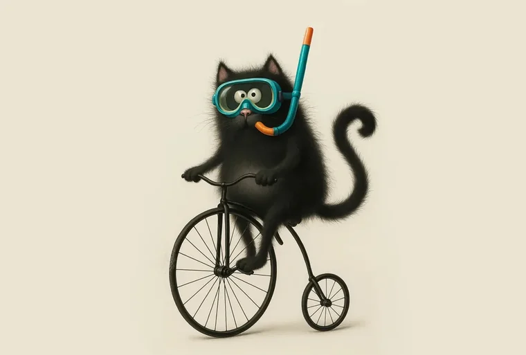 Splat in a snorkel riding a penny-farthing bicycle