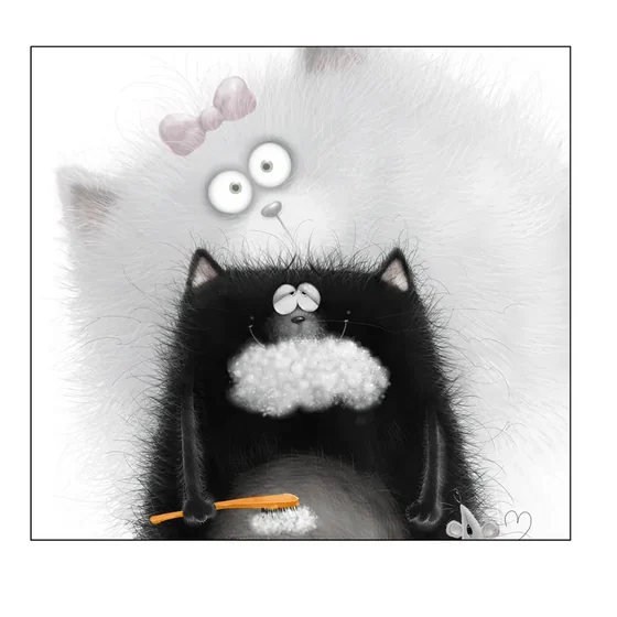 Splat, mouth full of toothpaste foam and toothbrush in paw, with Kitten’s fluffy white face and pink bow behind him