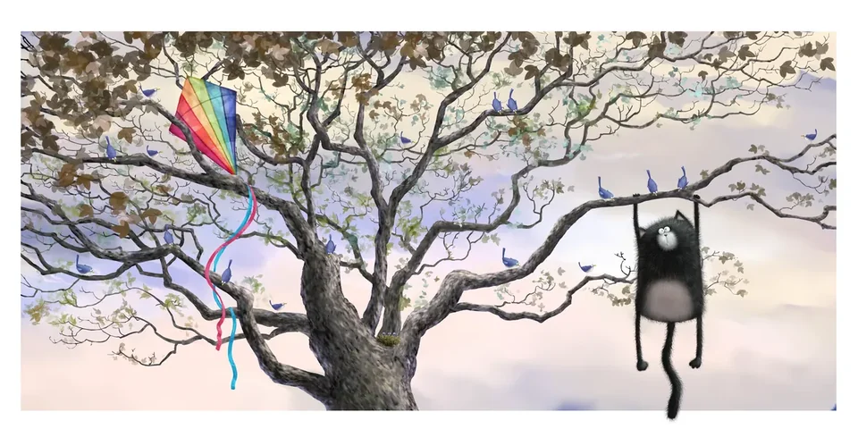 Splat dangling from a bare tree beside his tangled kite