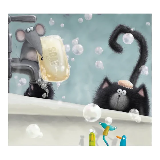 Splat in a bubble bath while Seymour carries a bar of soap along the tap