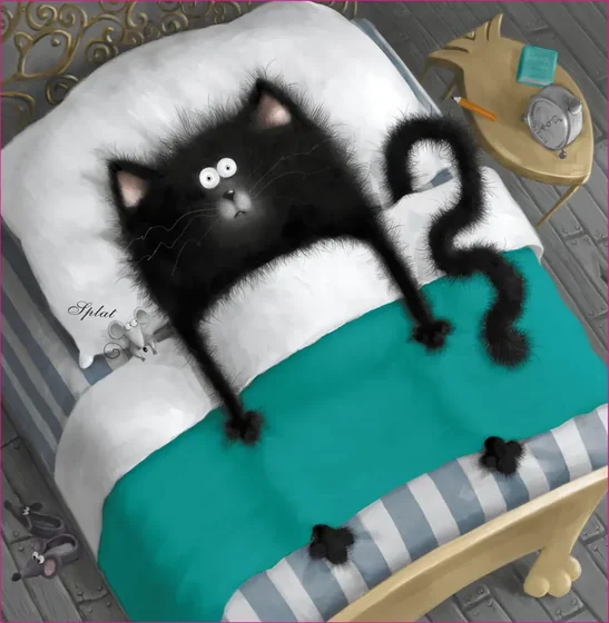 Splat lying on a striped bed with his legs stretched out and his tail curled high, while a mouse peeks from beside the pillow