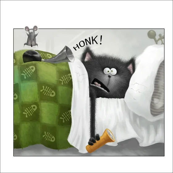Splat startled awake in bed by a honking horn, torch in paw, with Seymour up on the headboard
