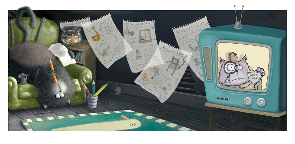 Splat upside down in a green armchair, pencil in paw, with his cunning plans pinned across the room, Seymour on the armrest and a secret-agent cat on the television