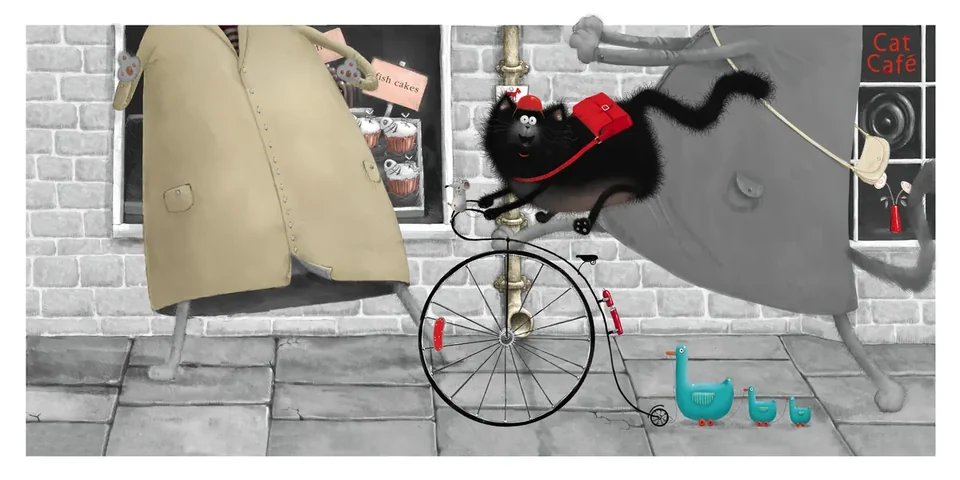 Splat on a penny-farthing, weaving between passers-by on a busy street