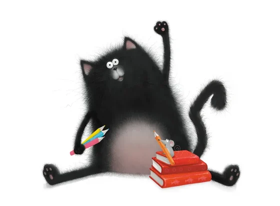 Splat sitting by a stack of red books, waving a fistful of coloured pencils, with Seymour on top of the books