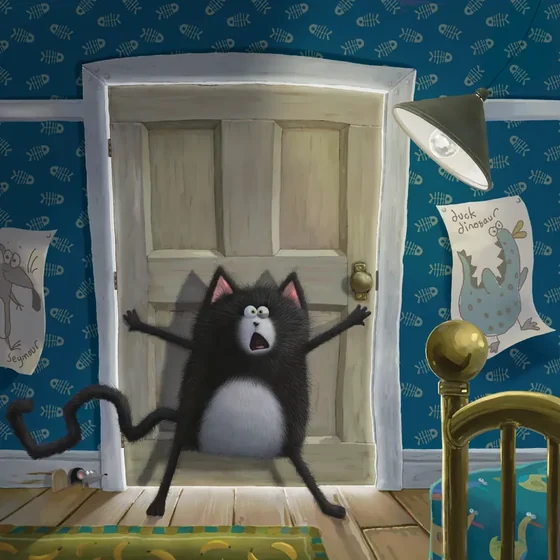 Splat standing with his arms spread wide in front of a closed door, looking startled, while Seymour peeks out from the skirting board