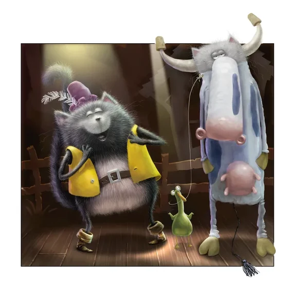 A cat in a feathered hat and yellow waistcoat on stage beside a pantomime cow