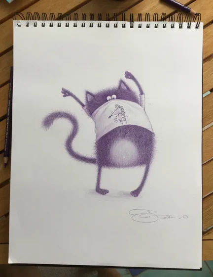 Splat drawn in purple pencil, arms up and tail curled, with a mouse on his T-shirt