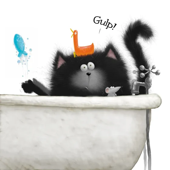 Splat in the bath with a rubber duck on his head, a fish leaping out and Seymour on the tap