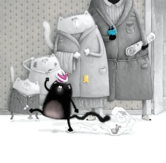 Splat’s family waiting in their dressing gowns while Splat scrambles past, trailing toilet paper