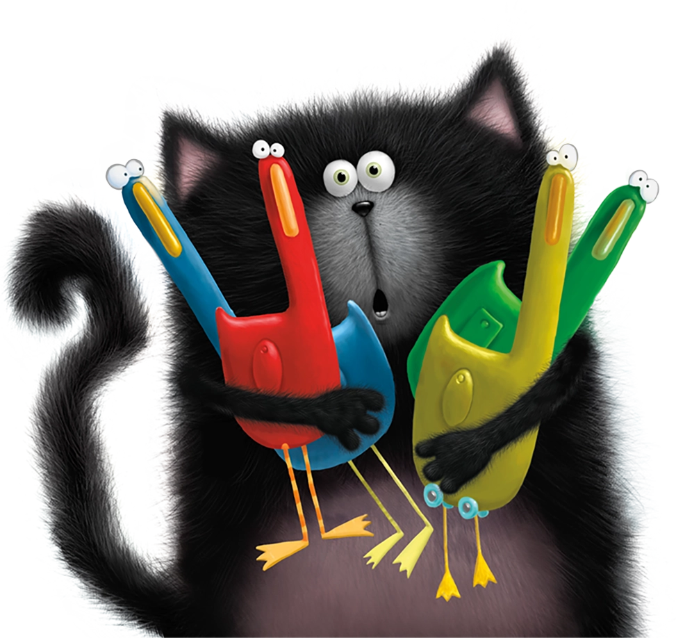 Splat the Cat, eyes wide and mouth open, hugging four brightly coloured toy birds while Seymour the mouse sits on the tip of his tail