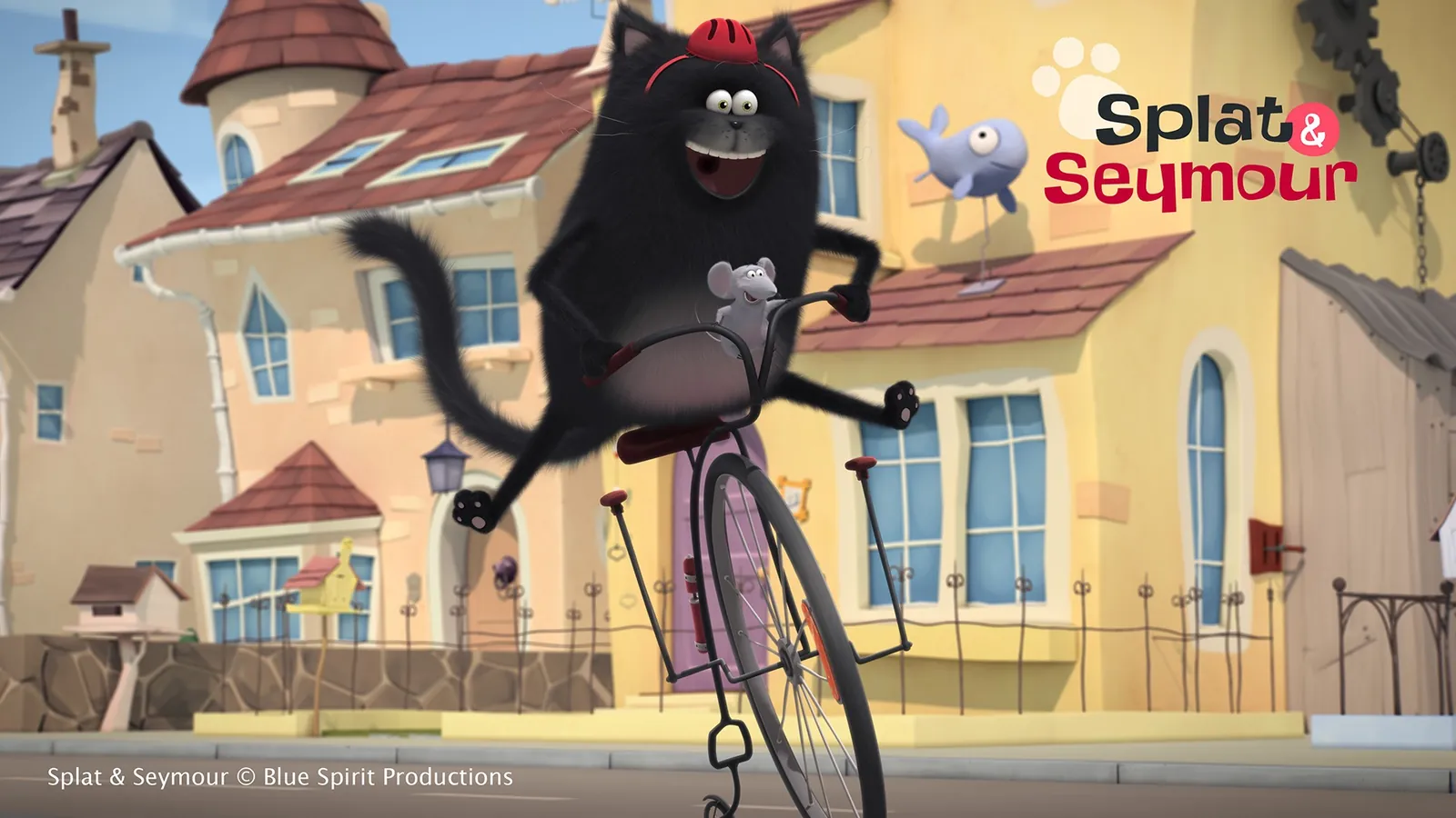Splat riding a tall old-fashioned bicycle down a sunny street, with Seymour on the handlebars – a still from Splat & Seymour