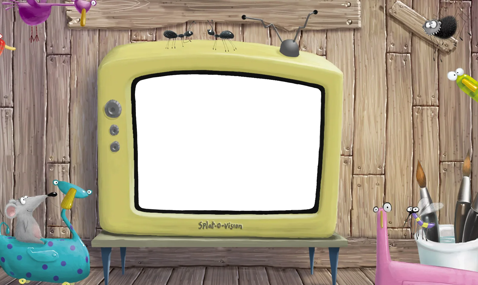 Rob’s painted Splat-o-vision television on a wooden wall, with Seymour, ducks and a pot of paintbrushes
